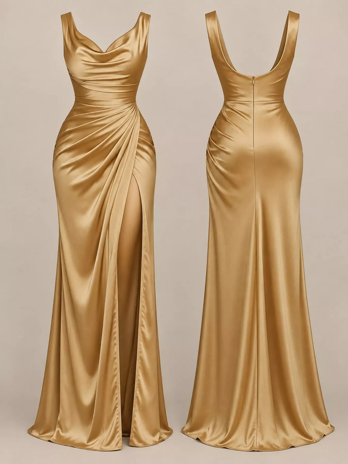 Satin Cowl-Neck Ruched High-Slit Maxi Dress