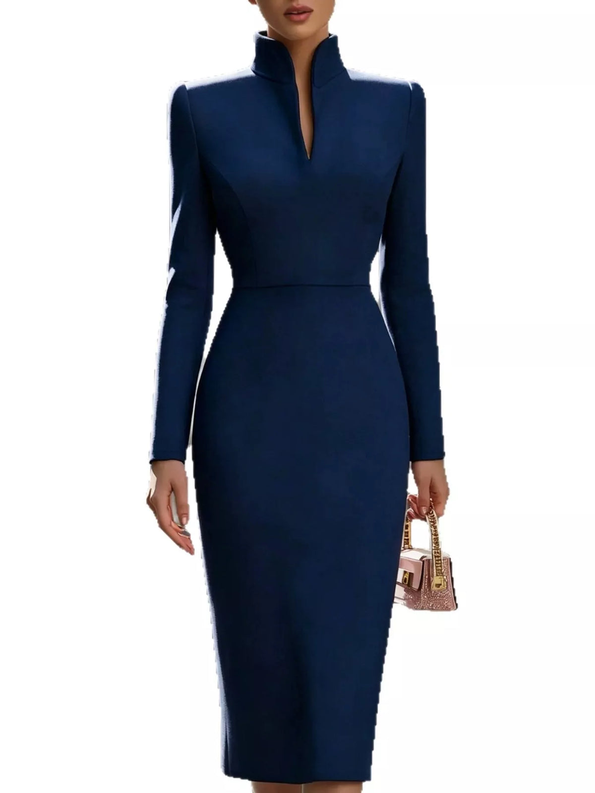 Stand-Collar Long-Sleeve Midi Dress | S–3XL