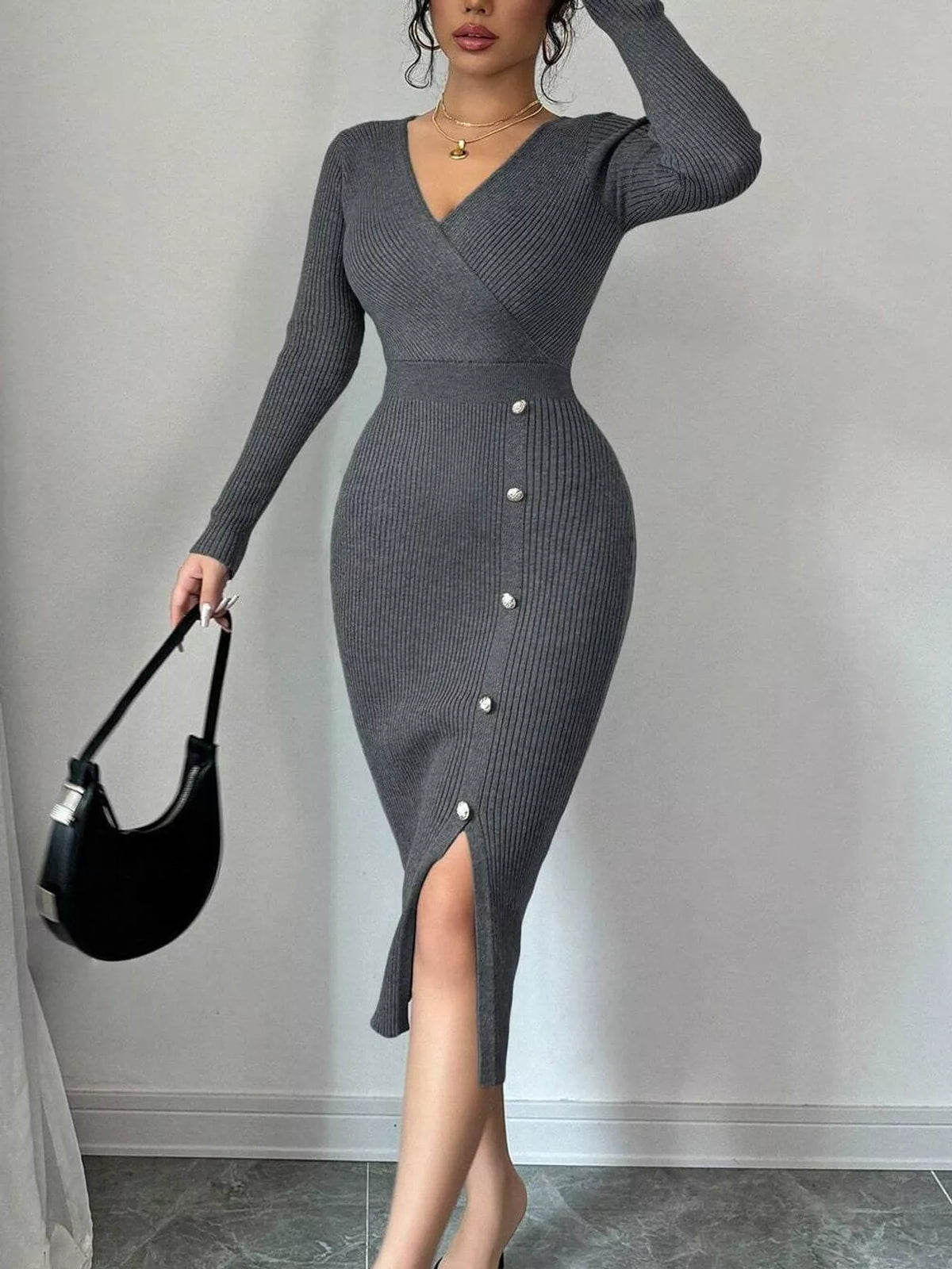 Ribbed Knit Sweater Dress with Decorative Buttons
