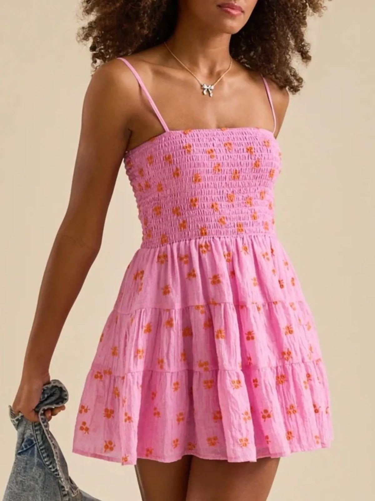 Pink Floral Smocked Tiered Cami Mini Dress