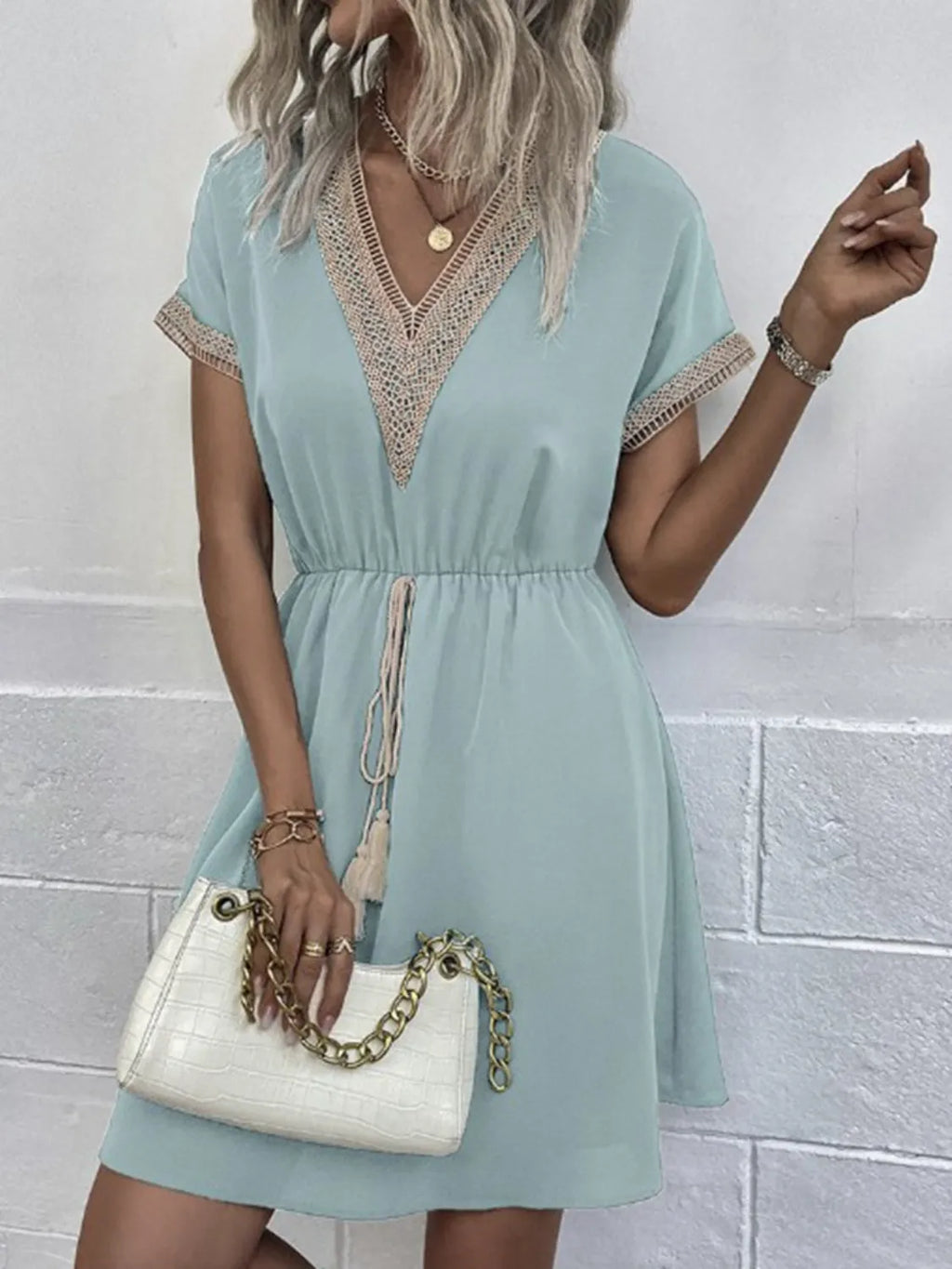Contrast-Trim V-Neck Short-Sleeve Mini Dress