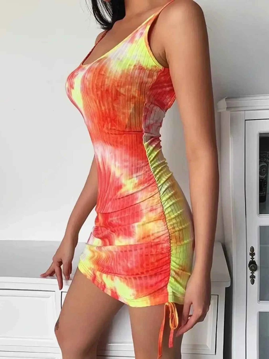 Coral Tie-Dye Ribbed Drawstring Mini Dress