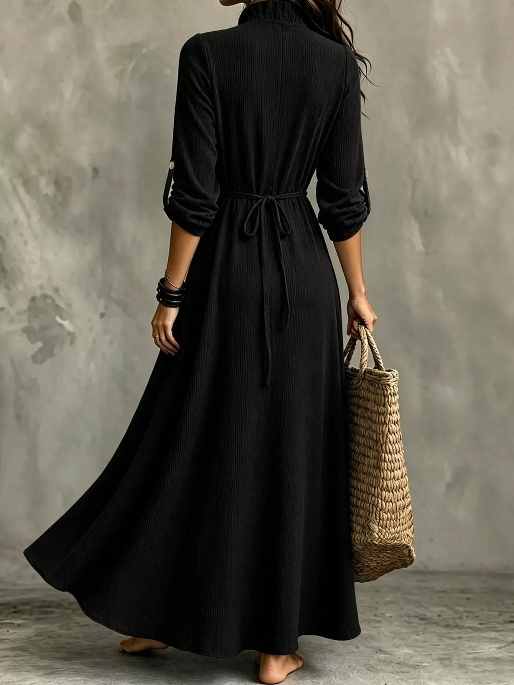 Frill V-Neck Roll-Tab Sleeve Maxi Dress, XS–3XL