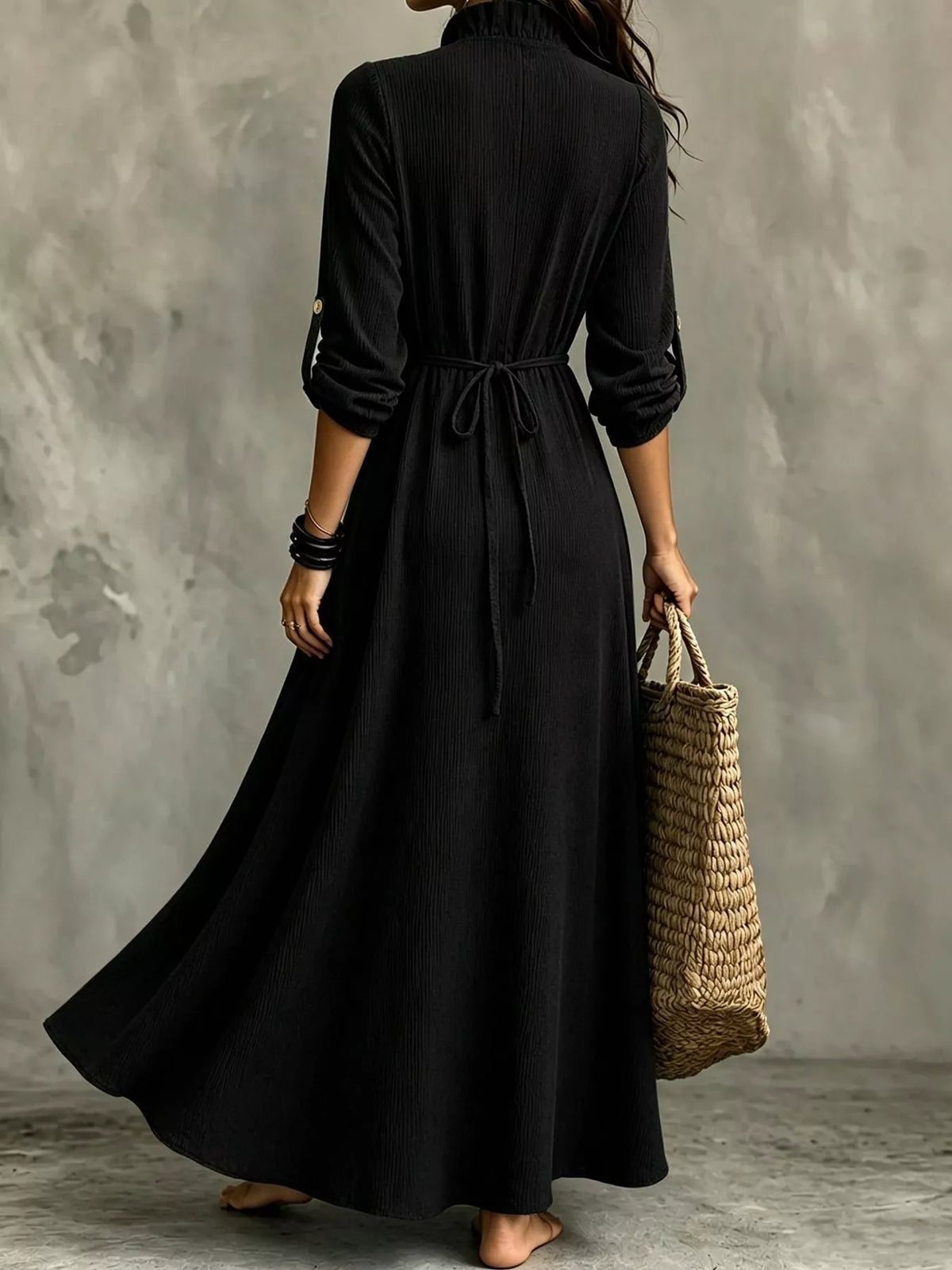 Frill V-Neck Roll-Tab Sleeve Maxi Dress, XS–3XL