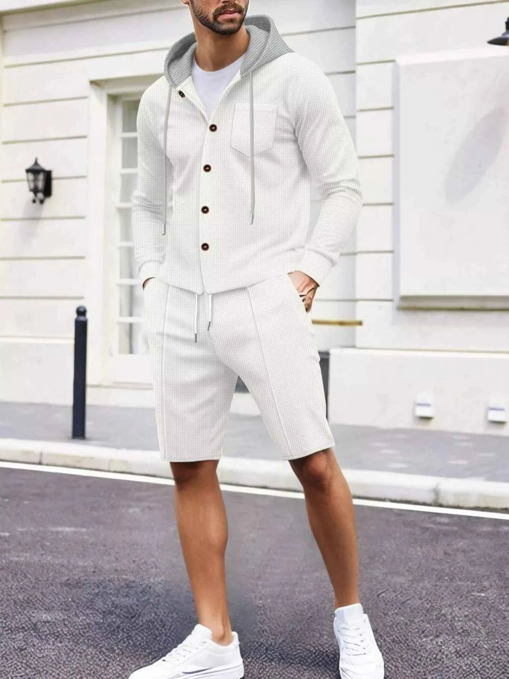 Men's Full Size Casual Hooded Button-Up Top and Shorts Set Plus Size