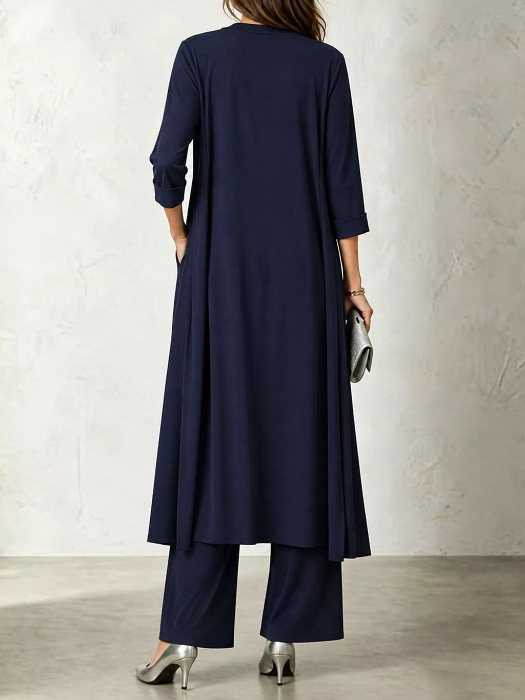 Cowl-Neck Top, Cardigan & Wide-Leg Pants Three-Piece Set