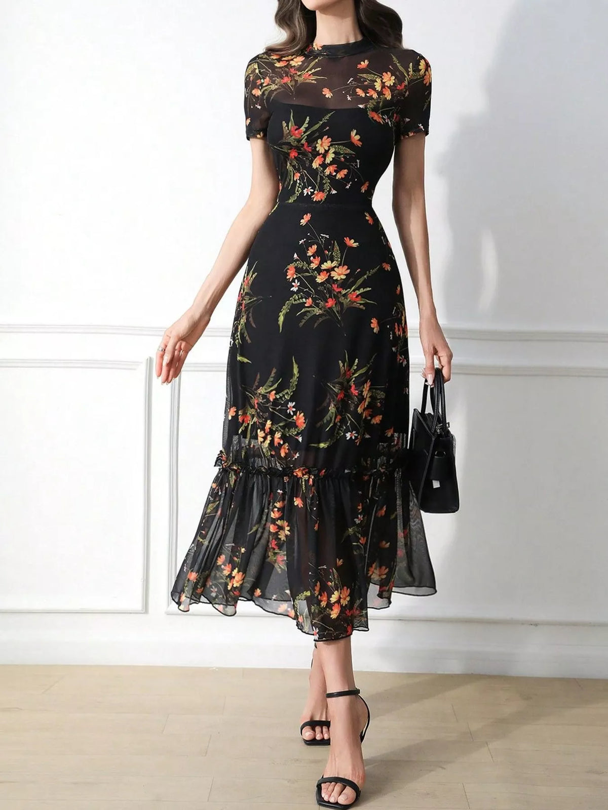 Black Floral Sheer-Overlay Ruffle-Hem Midi Dress