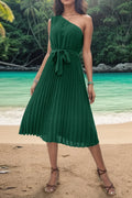 Perfee Pleated One-Shoulder Tie-Waist Midi Dress