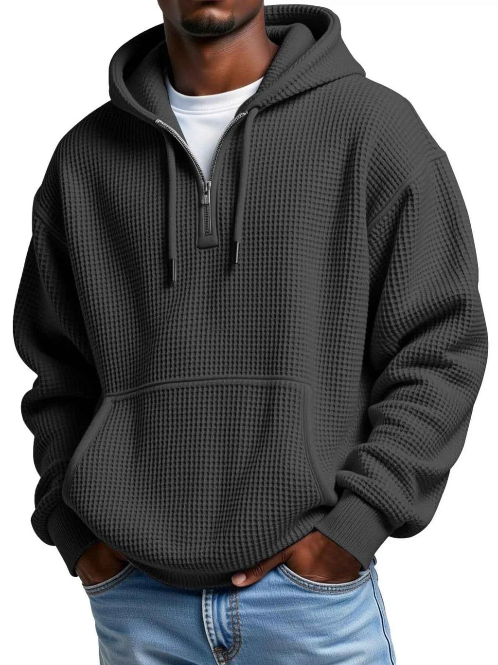 Men's Full Size Textured Waffle Knit Half-Zip Hoodie Plus Size
