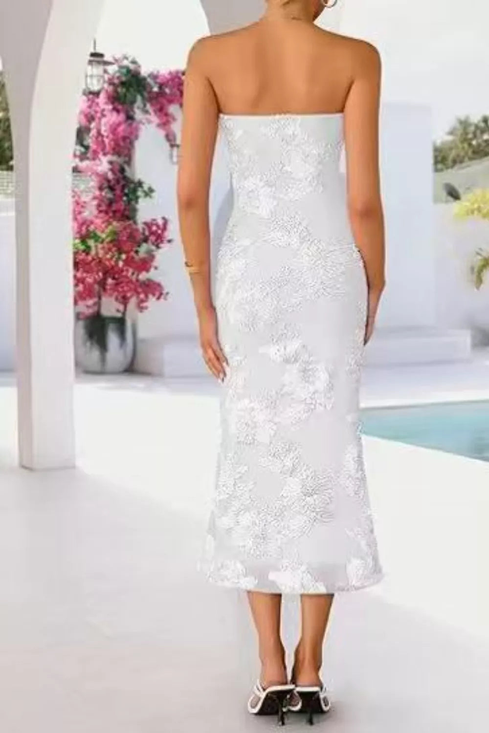 Strapless Lace-Embellished Midi Dress