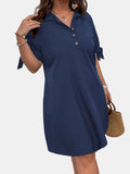 Navy Button-Detail Tie-Sleeve Shift Mini Dress