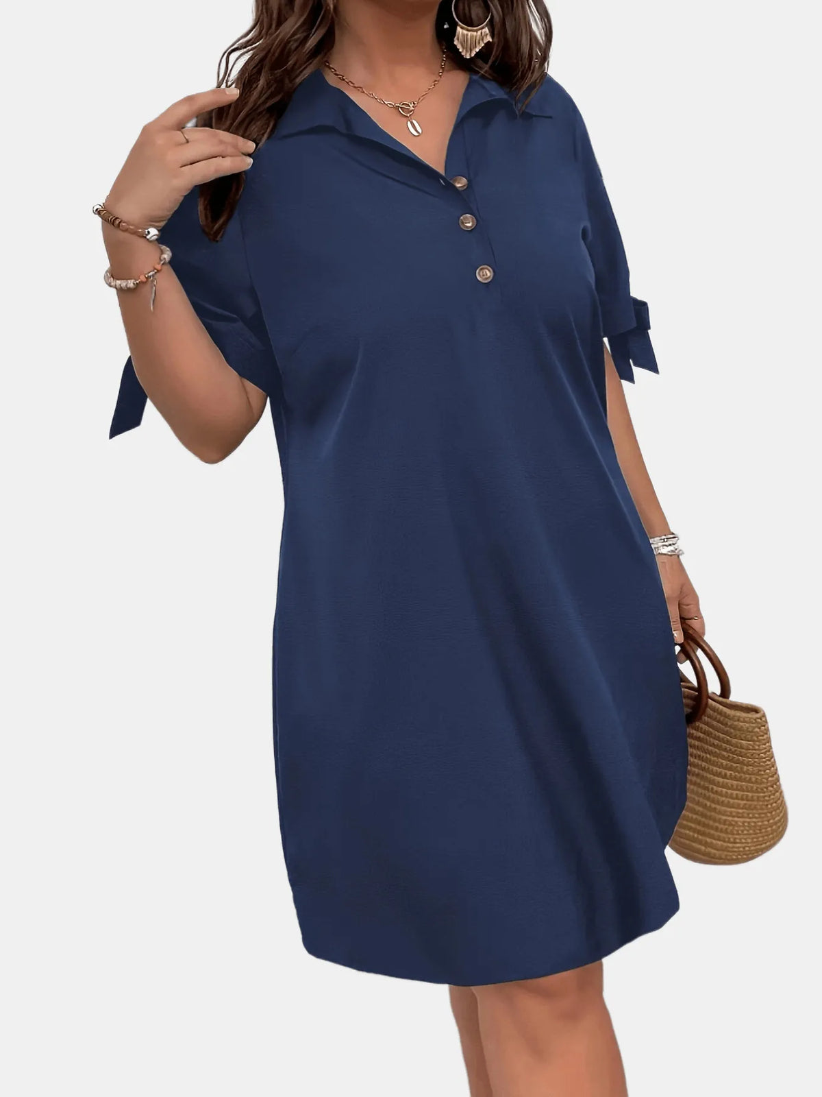 Navy Button-Detail Tie-Sleeve Shift Mini Dress