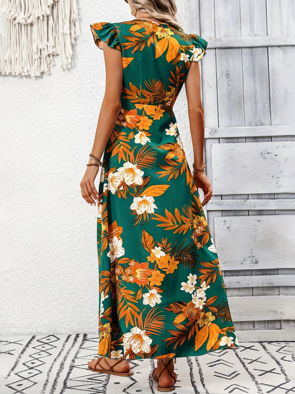 Dark Green Floral V-Neck High-Low Maxi Dress
