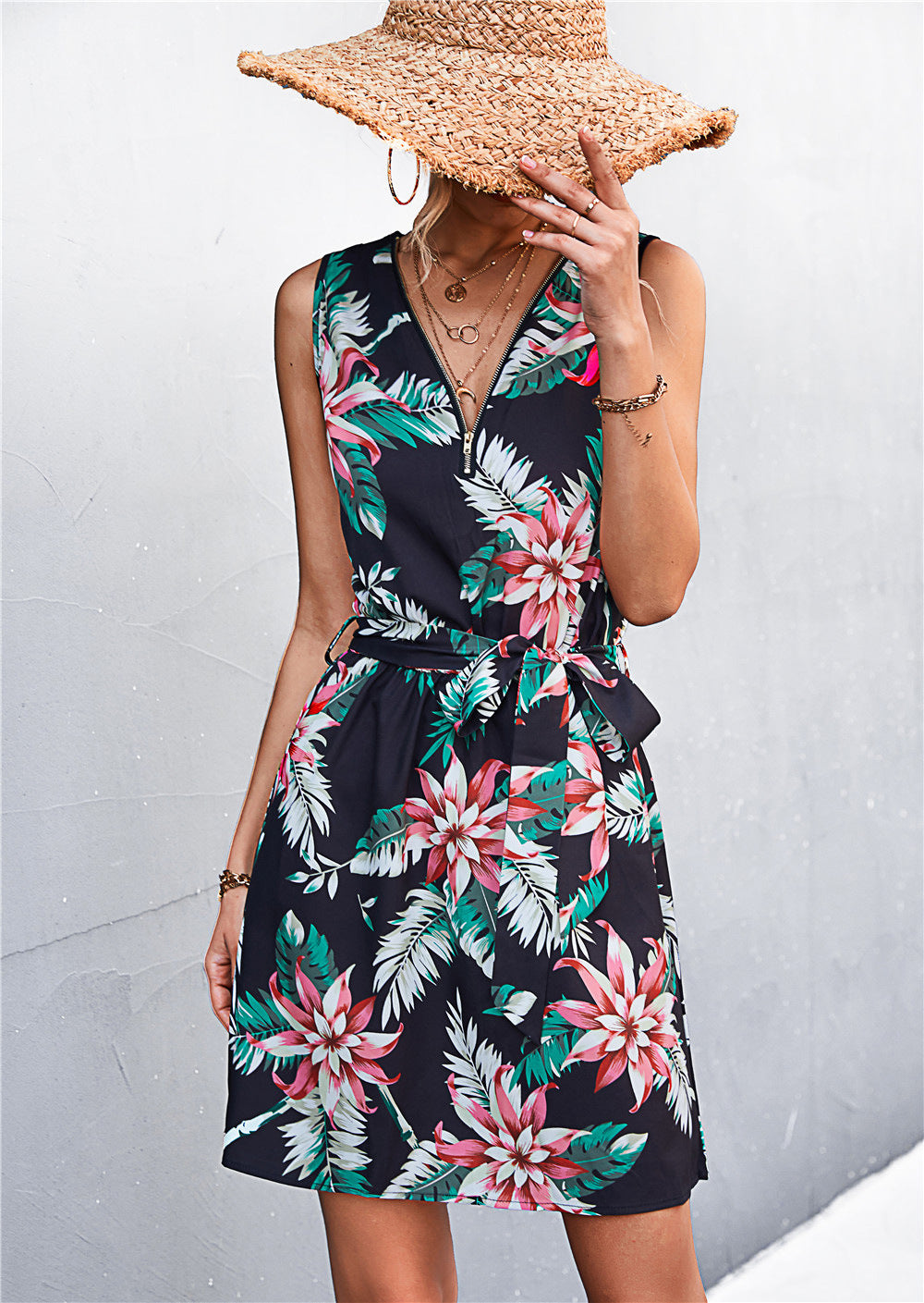 Printed Zip-Detail Belted Sleeveless Mini Dress