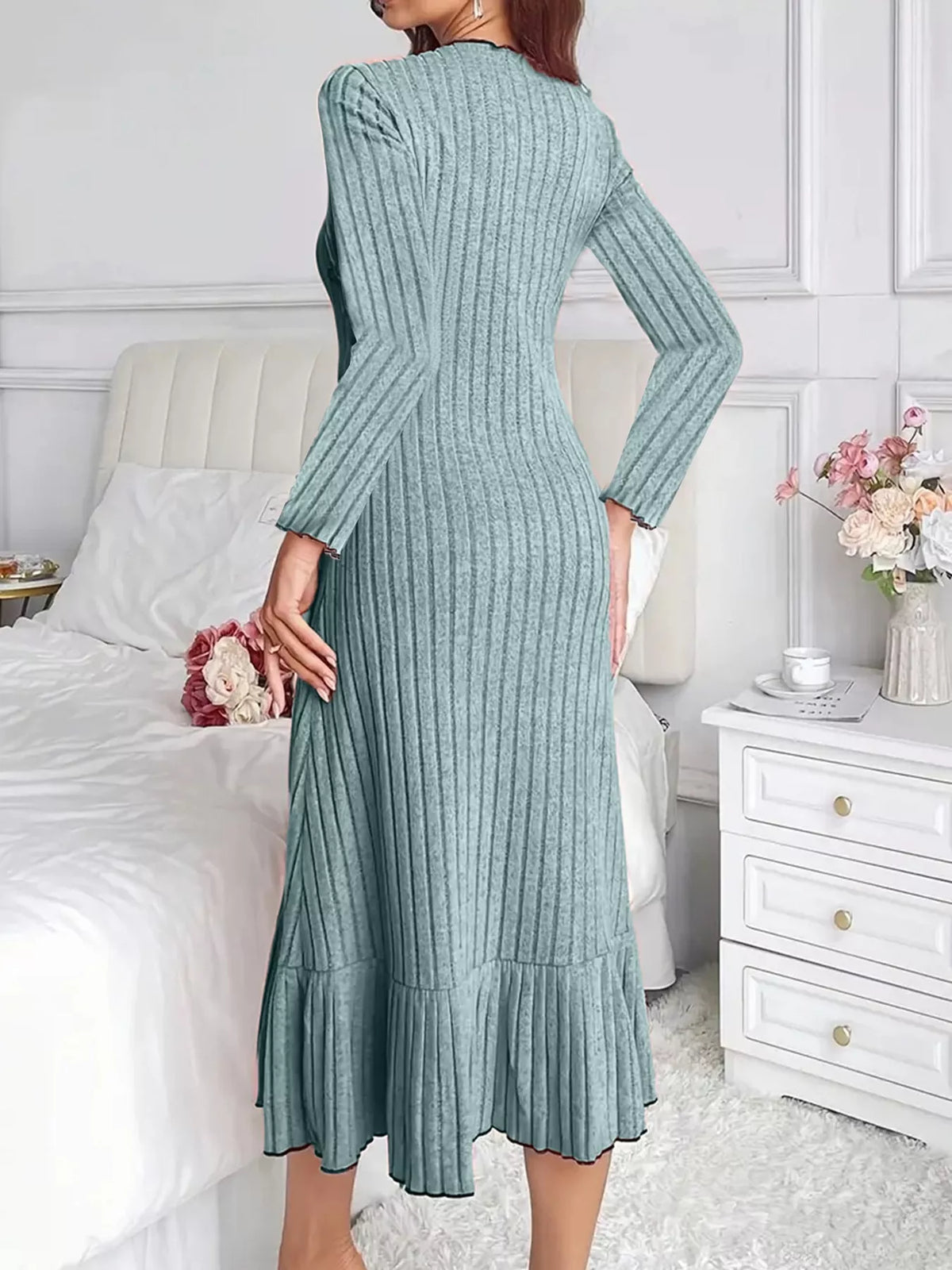 Long-Sleeve Ribbed Knit Ruffle-Hem Midi Dress, S–3XL