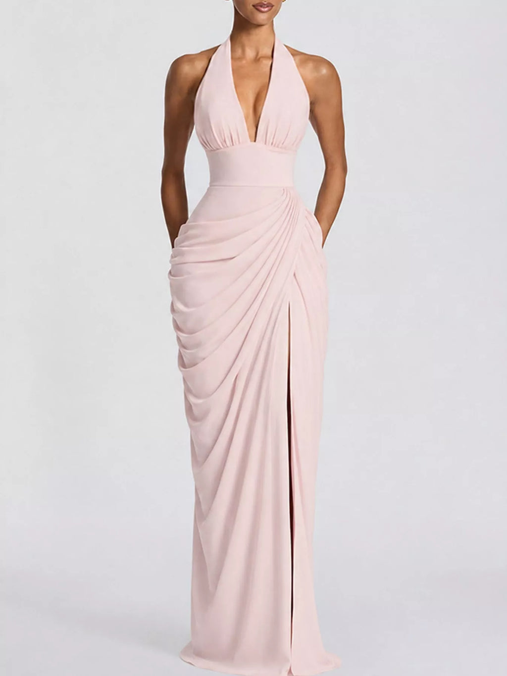 Halter-Neck Ruched High-Slit Maxi Evening Dress