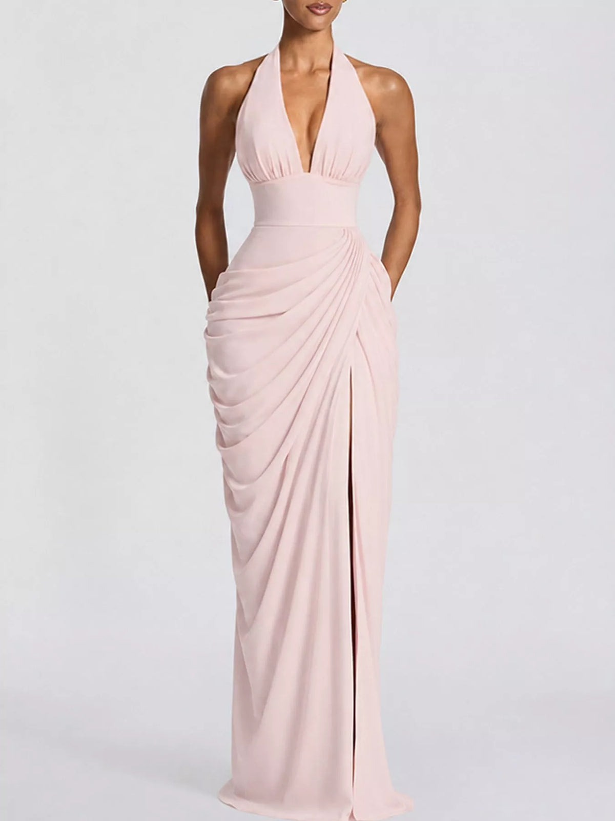 Halter-Neck Ruched High-Slit Maxi Evening Dress