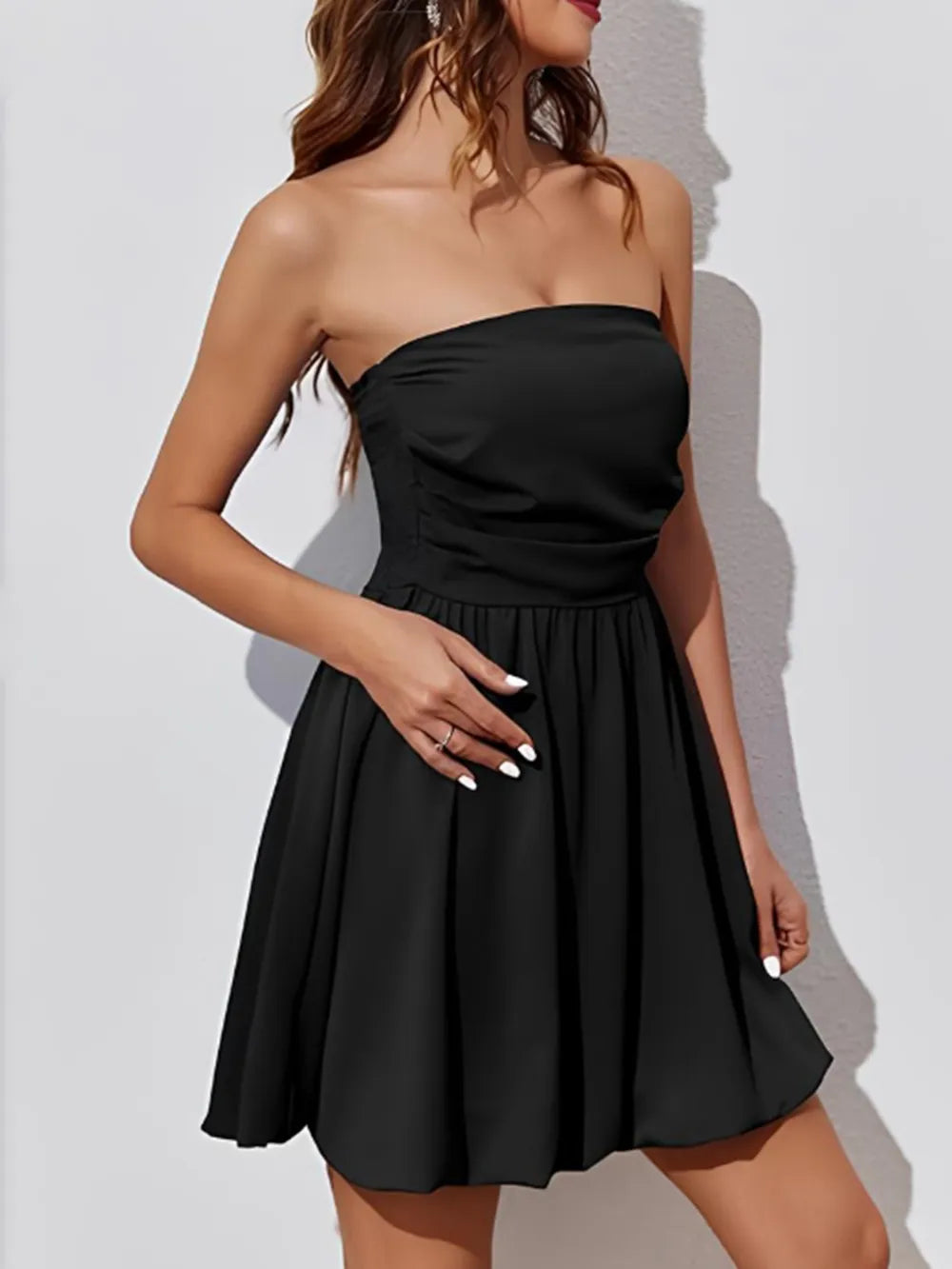 Black Ruched Strapless Mini Dress