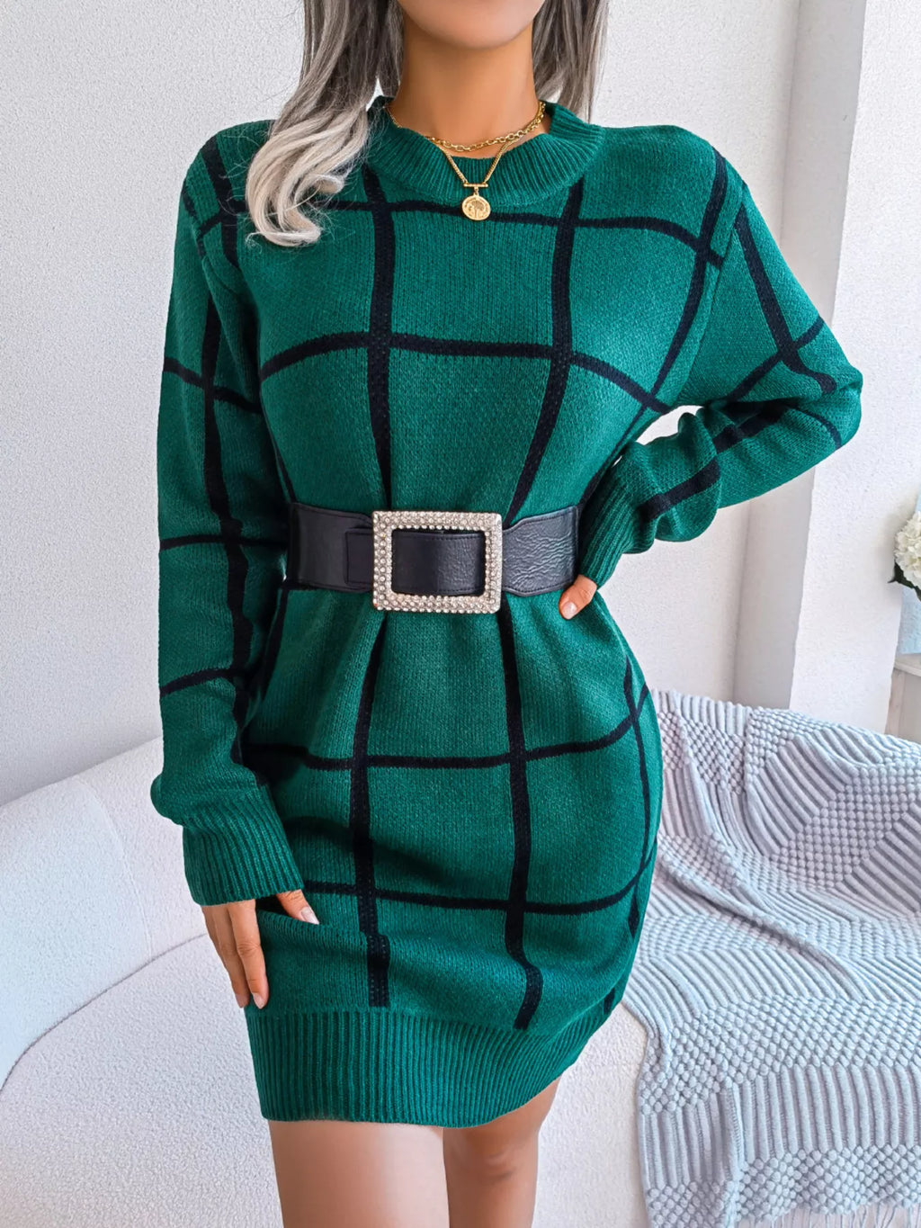 Windowpane Plaid Round-Neck Sweater Mini Dress