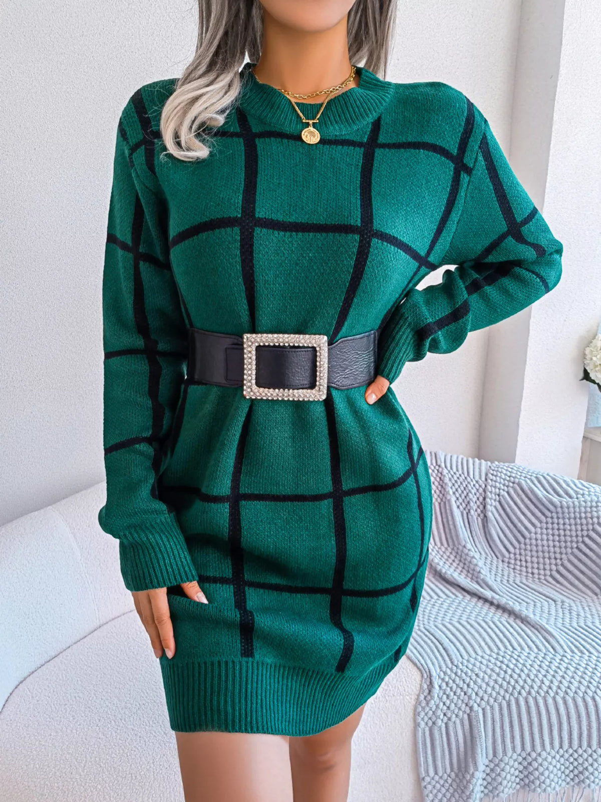 Windowpane Plaid Round-Neck Sweater Mini Dress