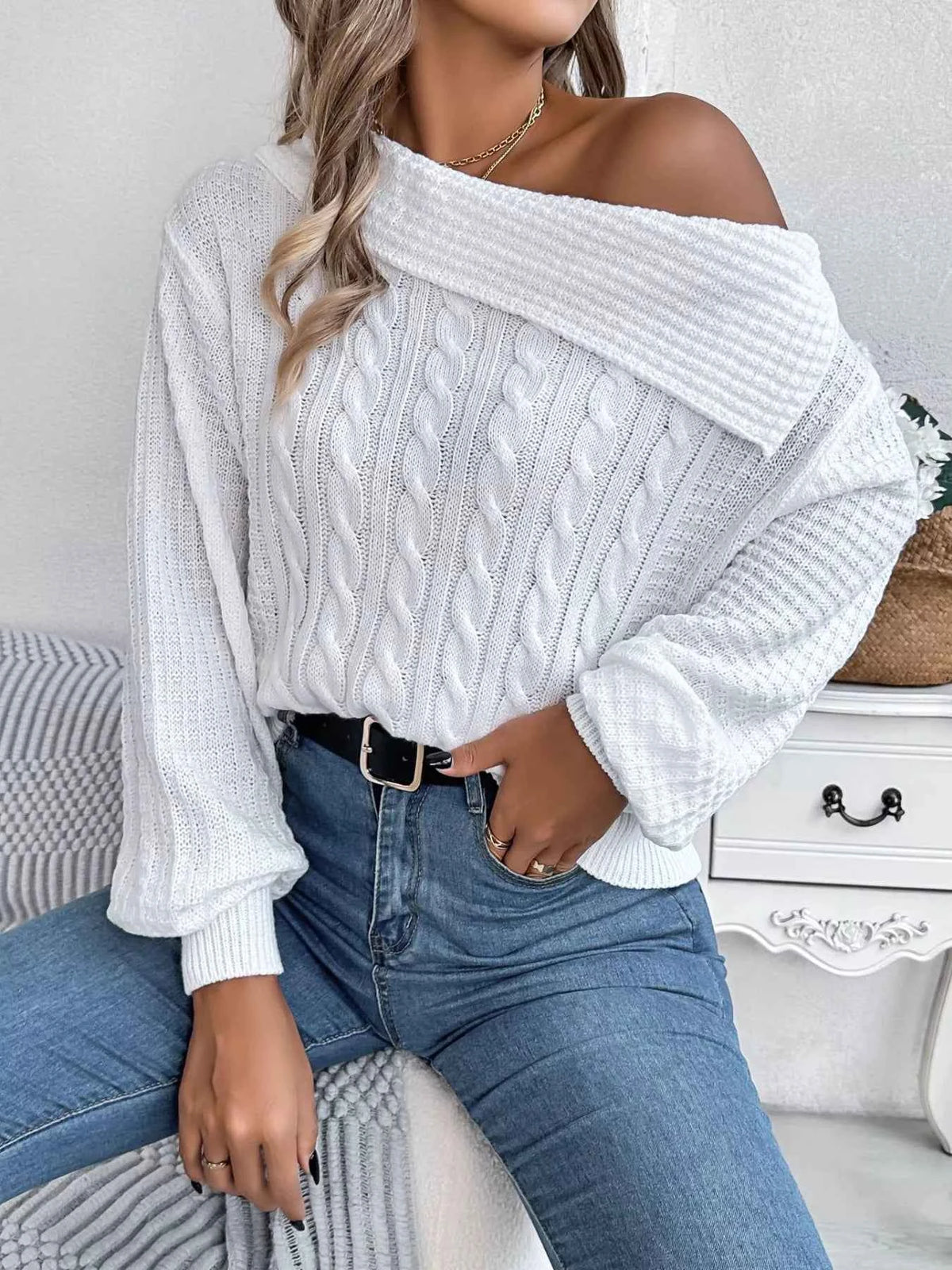 Off-Shoulder Cable-Knit Sweater