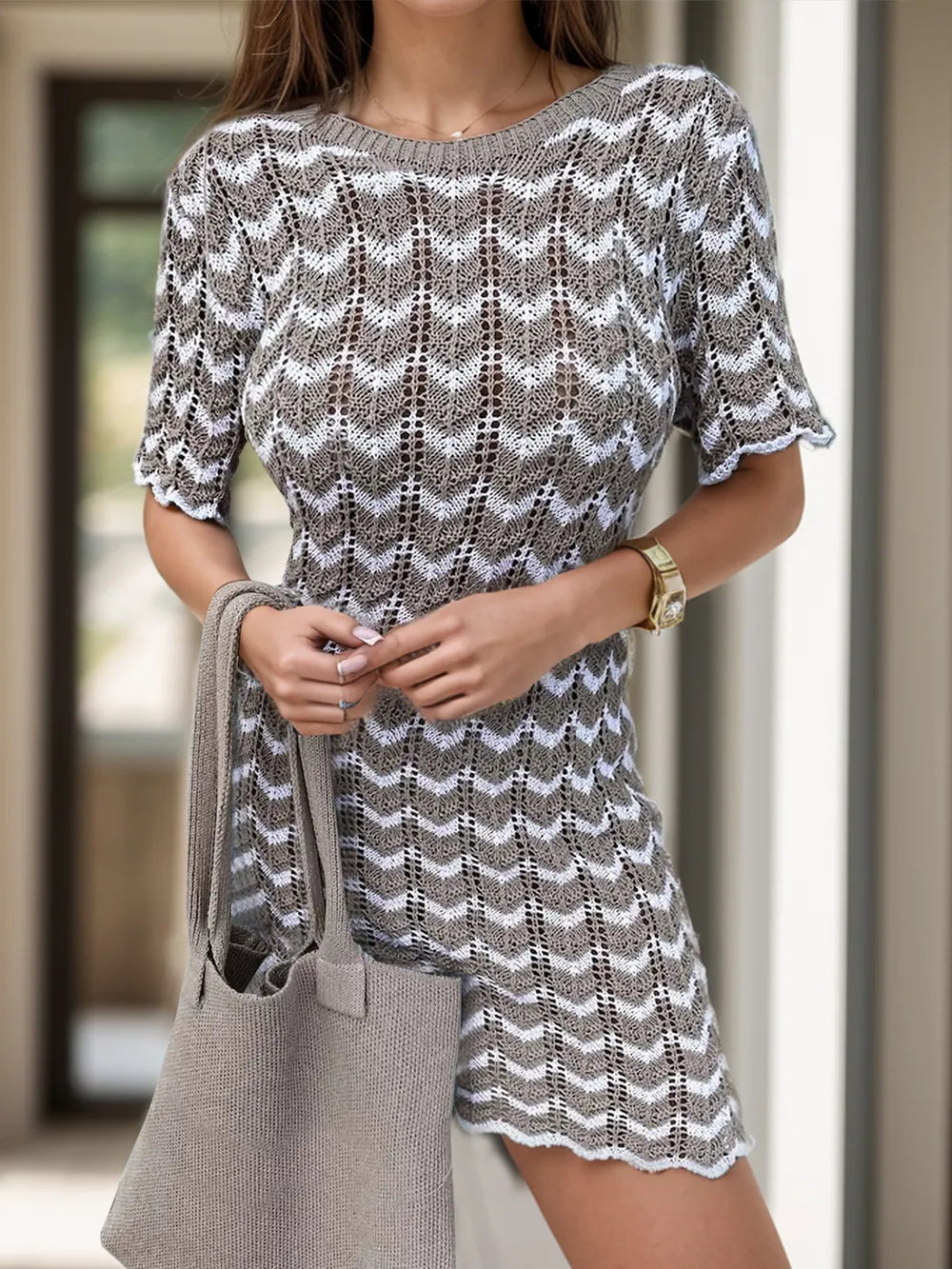 Chevron Round-Neck Short-Sleeve Knit Mini Dress