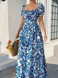 Floral Print Puff-Sleeve Square-Neck Maxi Dress