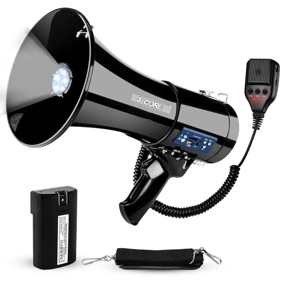 5 Core Megaphone 50W — Bluetooth Rechargeable Bullhorn with Siren, 1100 Yard Range — Prime Trend Market