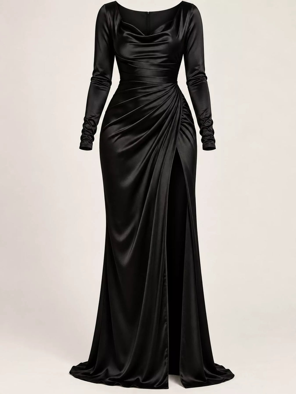 Satin Cowl-Neck Ruched High-Slit Maxi Dress
