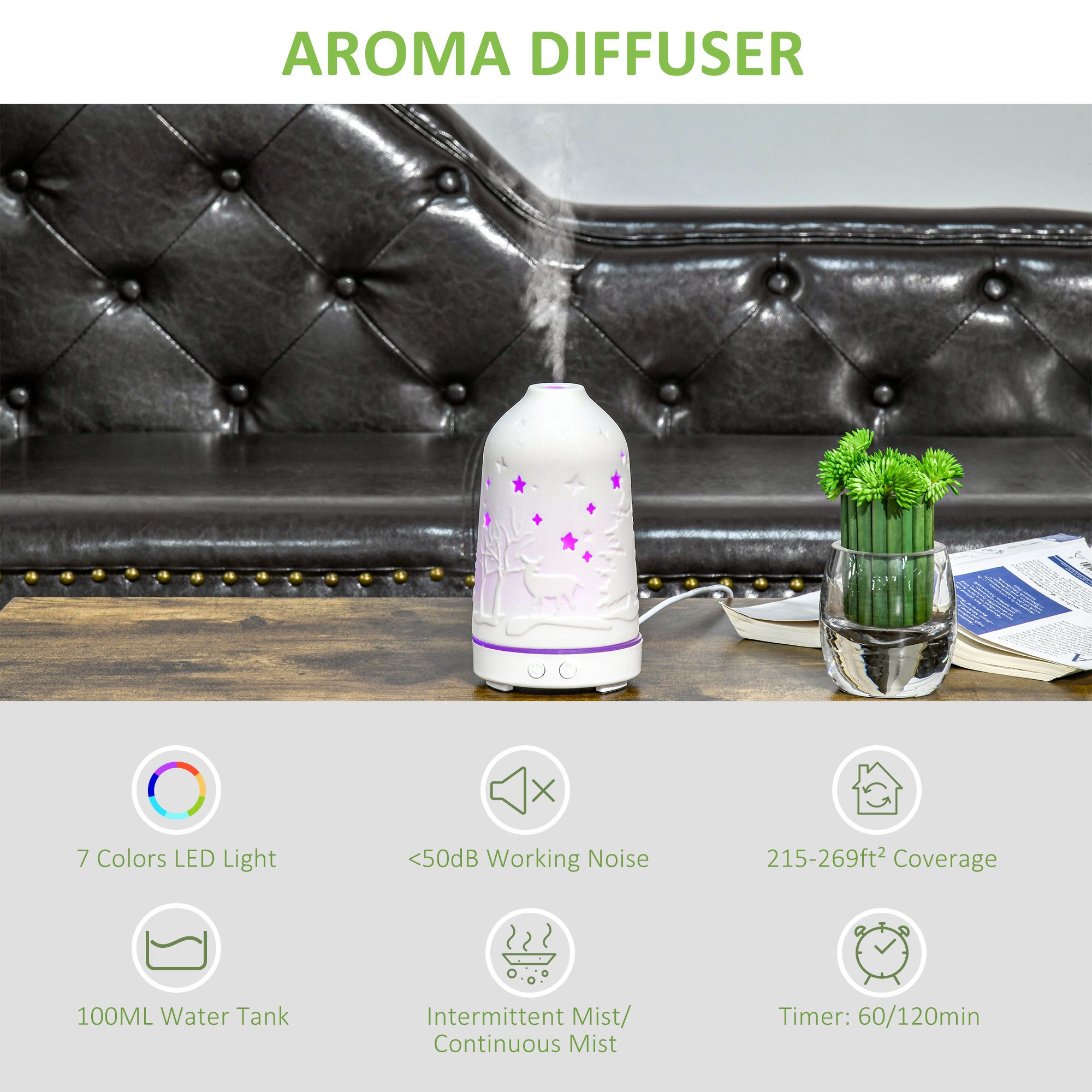 Ceramic Ultrasonic Aromatherapy Diffuser 100ml | 7-Color LED, Timer & Waterless Auto-Off | Premium Home & Office Diffuser — Prime Trend Market