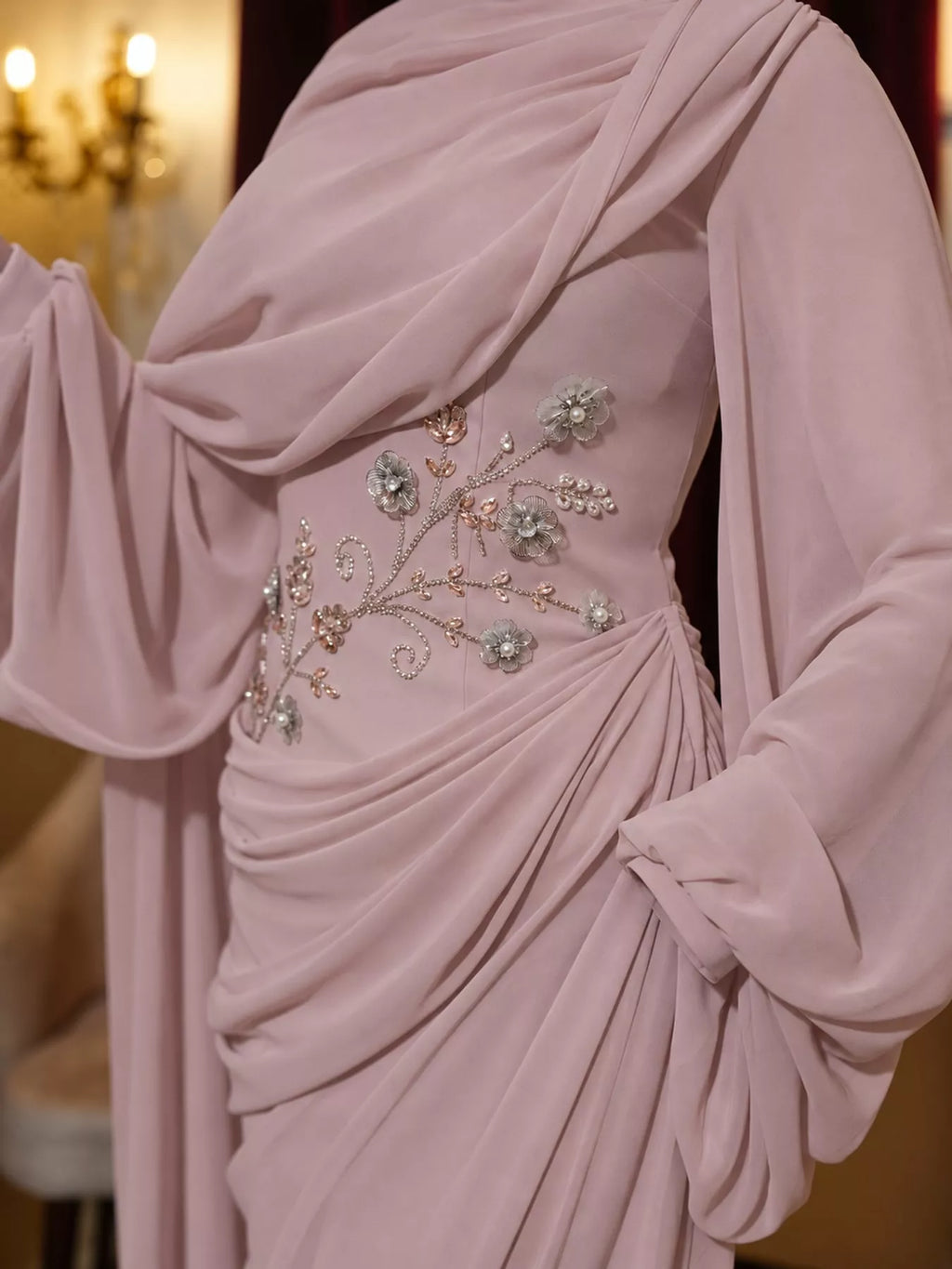 Floral-Embellished Long-Sleeve Ruched Evening Maxi Dress | S–3XL