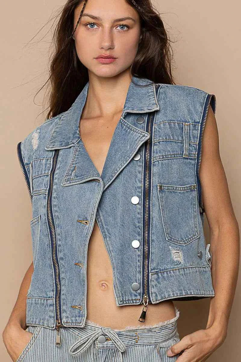 POL Dusty Blue Cropped Jacket with Zipper Details