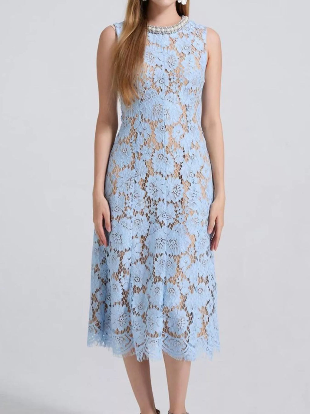 Pearl-Look Neckline Sleeveless Lace Dress