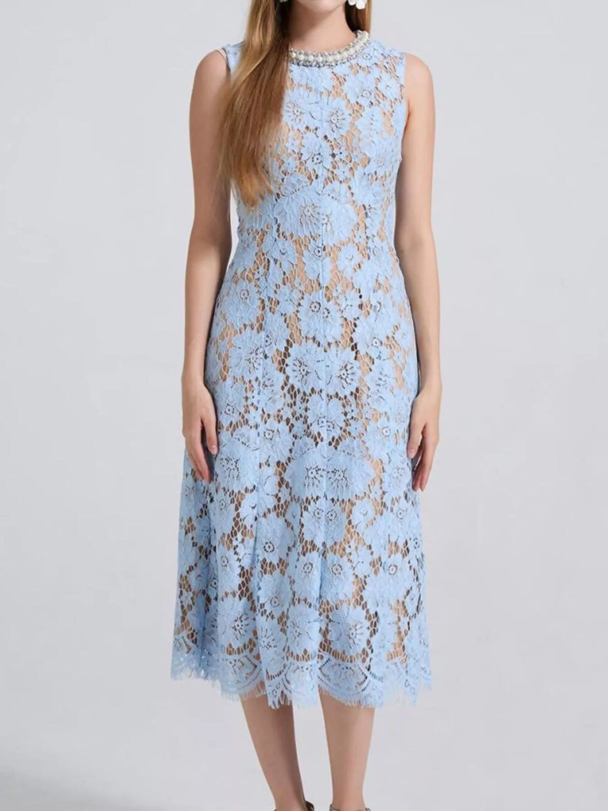Pearl-Look Neckline Sleeveless Lace Dress