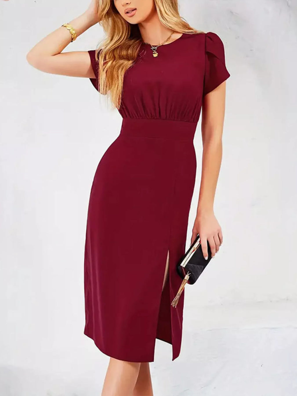 Burgundy Round-Neck Short-Sleeve Slit Midi Dress