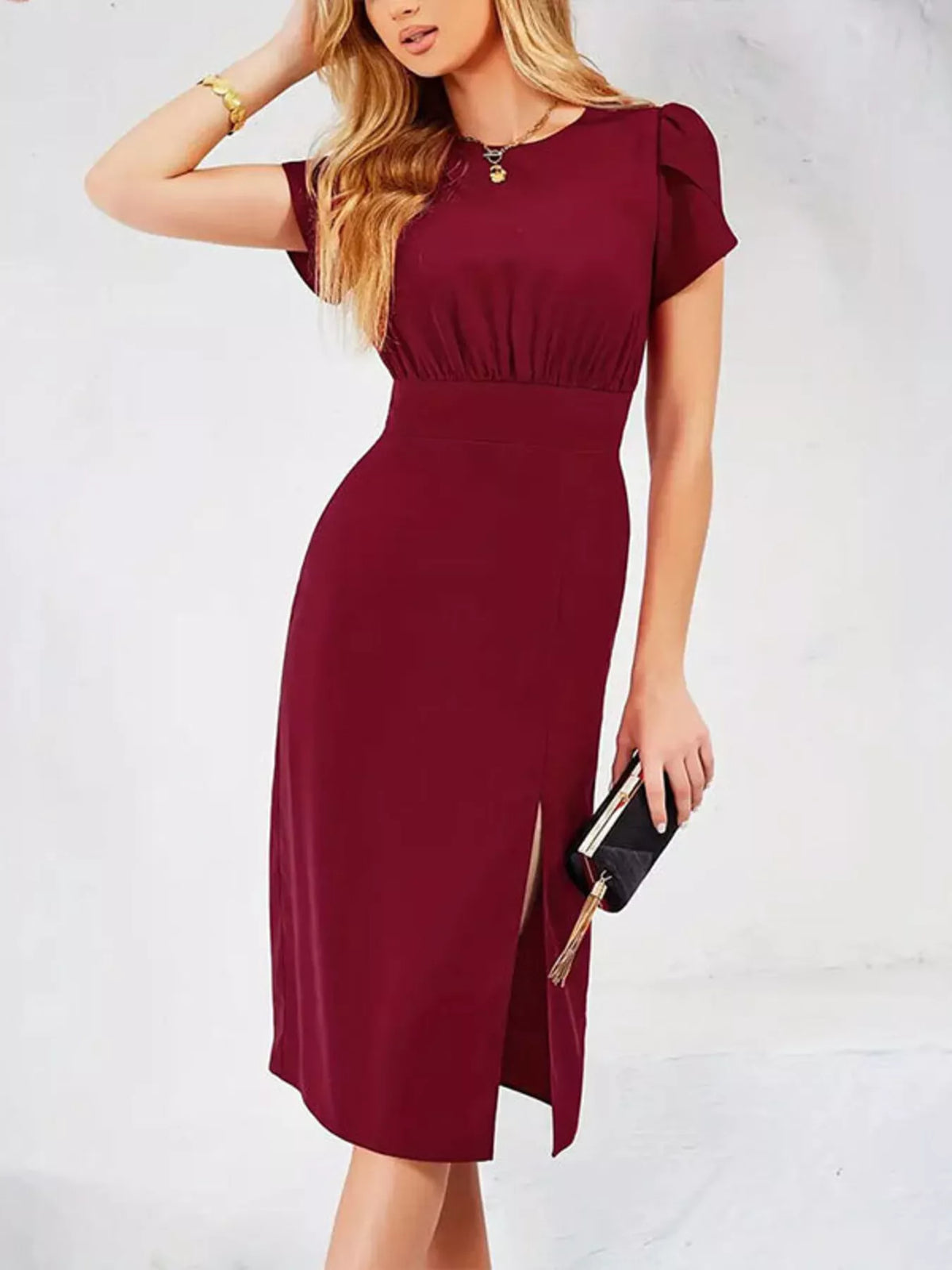 Burgundy Round-Neck Short-Sleeve Slit Midi Dress