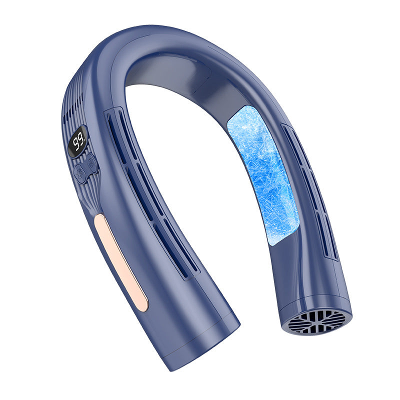 Blue wearable neck fan showing its display, metallic side panel and end vent with a blue cooling-effect graphic.
