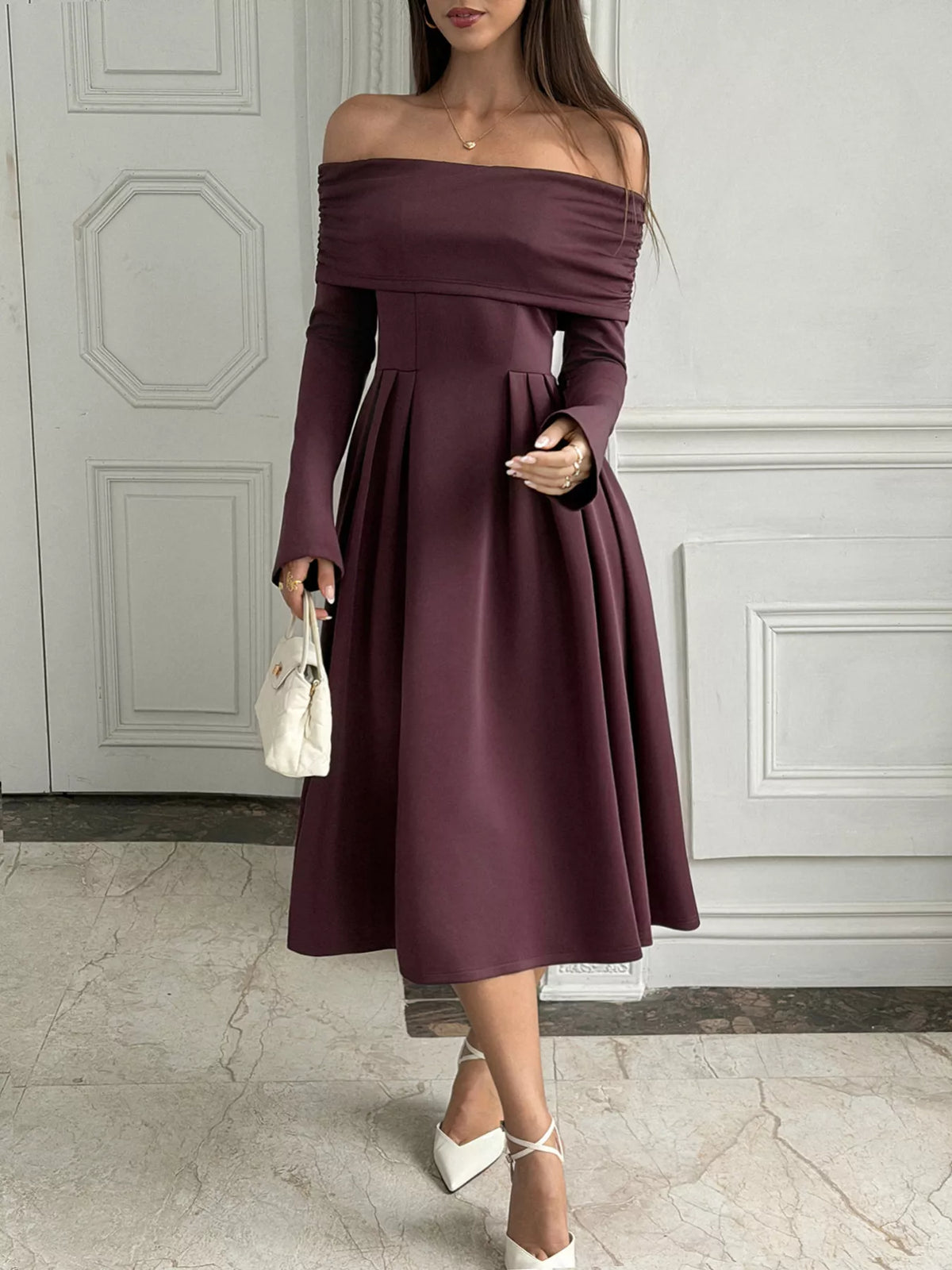 Off-Shoulder Long-Sleeve Midi Dress