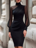 Turtleneck Sheer-Sleeve Ruched Bodycon Dress