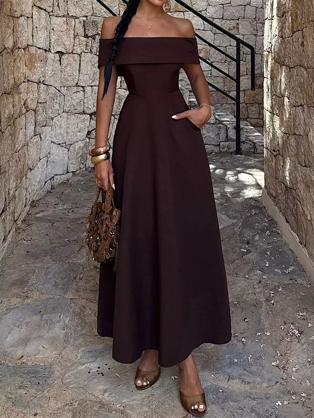Burgundy Off-Shoulder A-Line Maxi Dress with Pockets