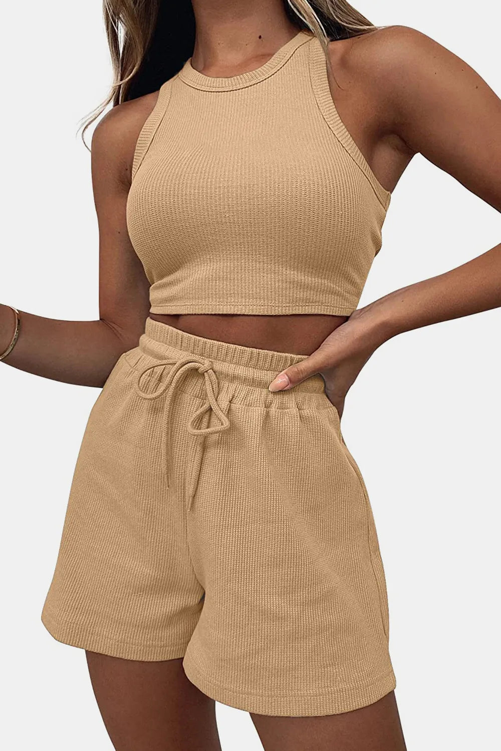 Round-Neck Crop Top & Drawstring Shorts Set