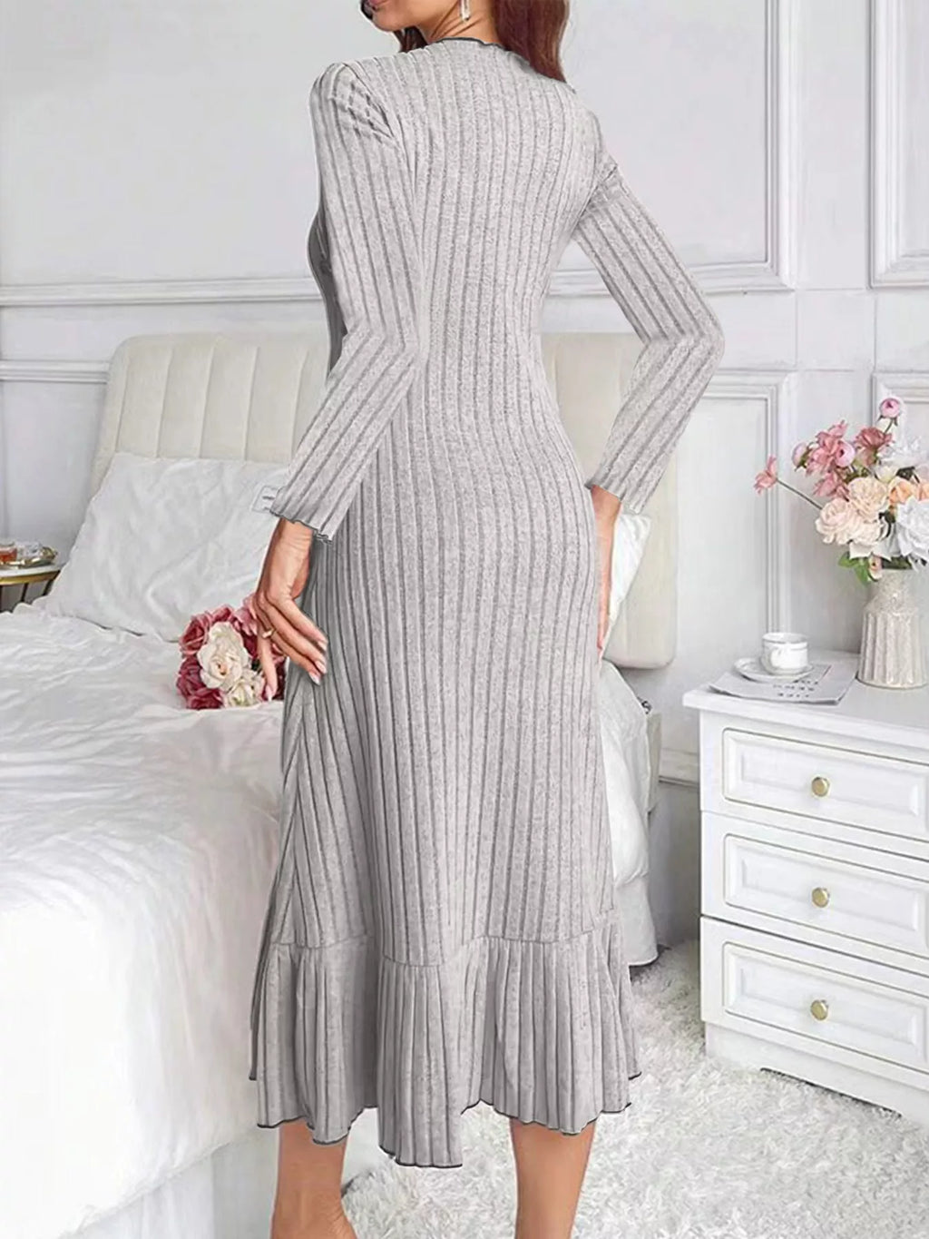 Long-Sleeve Ribbed Knit Ruffle-Hem Midi Dress, S–3XL