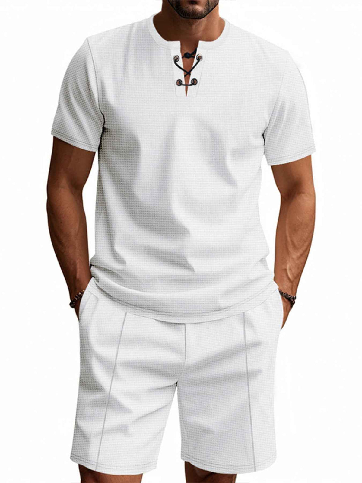Men’s Lace-Up Short-Sleeve Top & Shorts Set