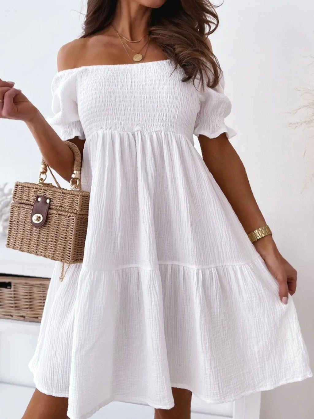 Smocked Off-Shoulder Short-Sleeve Mini Dress