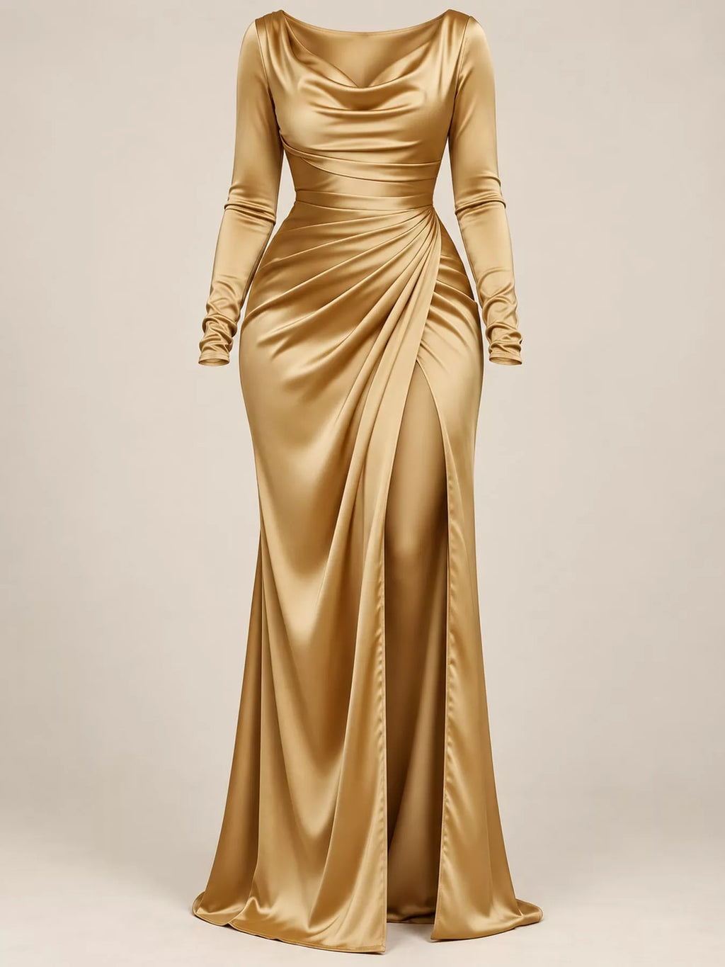Satin Cowl-Neck Ruched High-Slit Maxi Dress