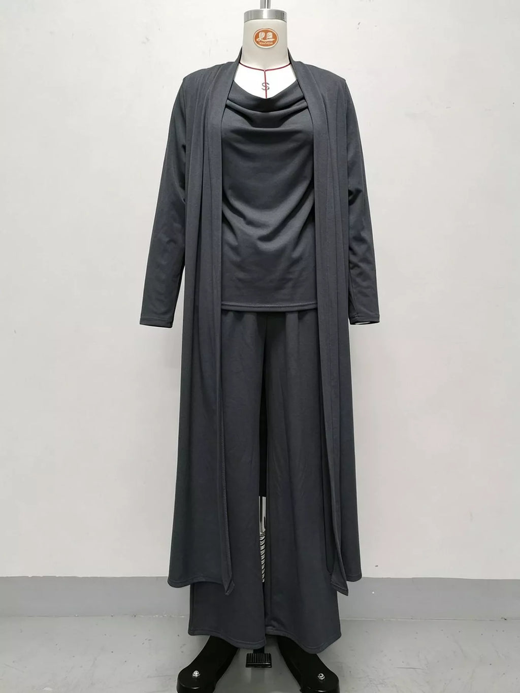 Cowl-Neck Top, Cardigan & Wide-Leg Pants Three-Piece Set