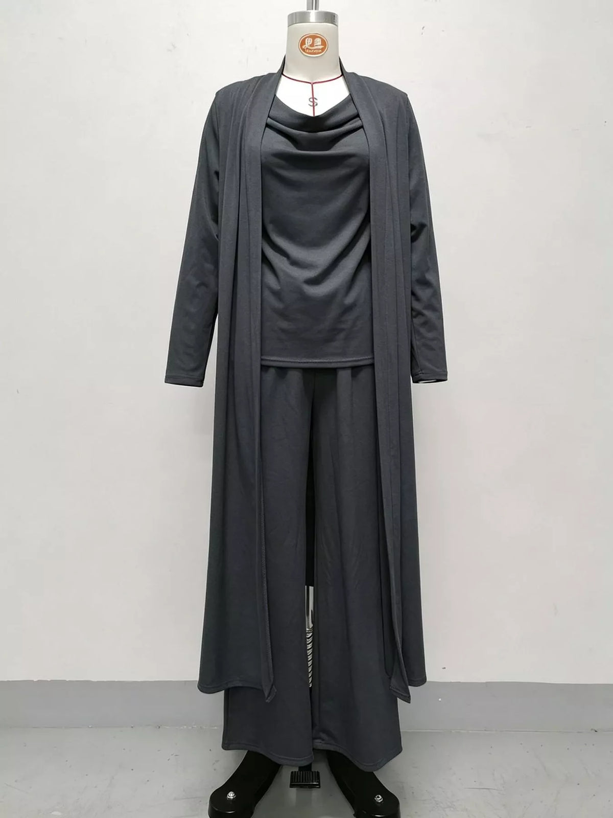 Cowl-Neck Top, Cardigan & Wide-Leg Pants Three-Piece Set