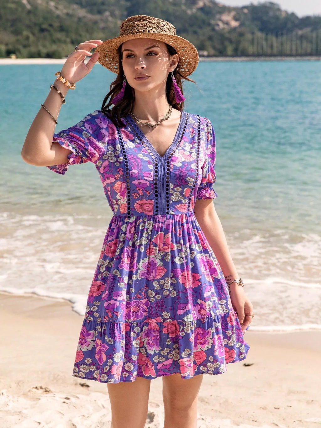 Vivid Violet Floral V-Neck Eyelet-Trim Mini Dress