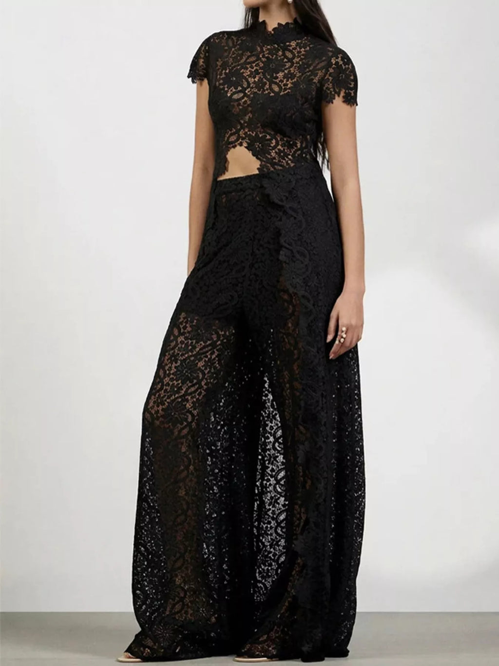 Elegant Lace Short Sleeve Top and Pants Set