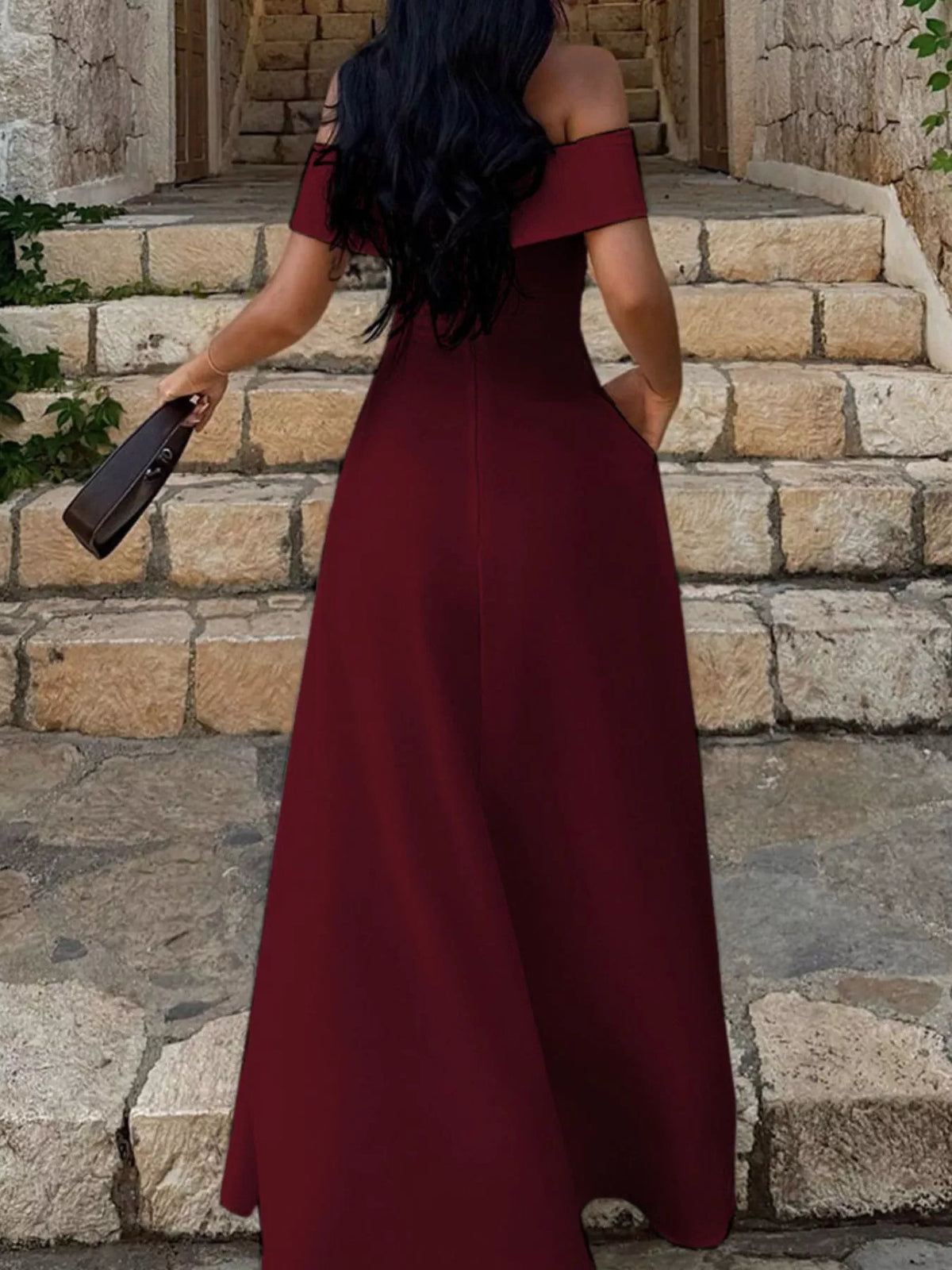 Burgundy Off-Shoulder A-Line Maxi Dress with Pockets